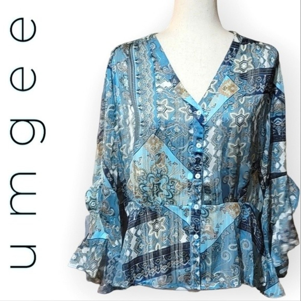 UMGEE Blue, Teal, and Gold Metallic Paisley Button Down Peplum Blouse